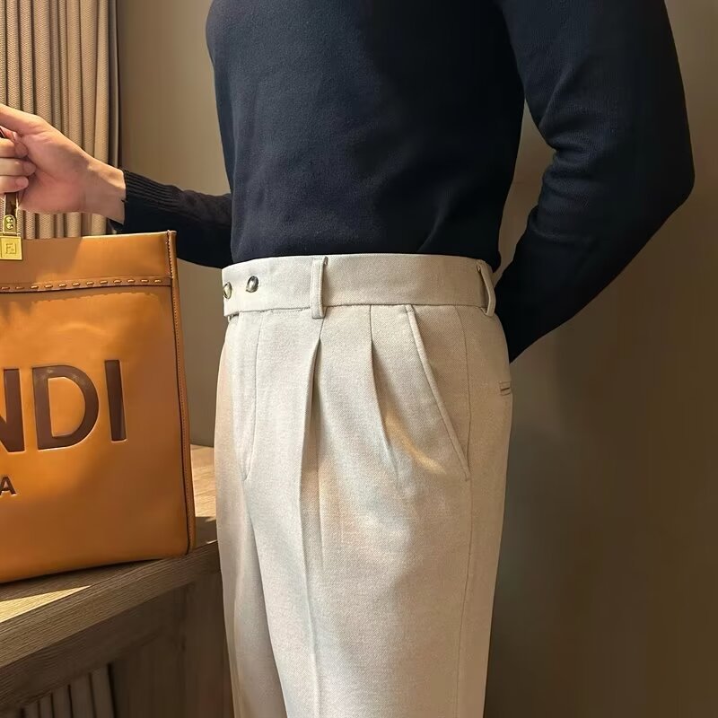 Herrbyxor Hög Midja Ullblandning Skräddarsydd Passform Plisserad Framsida Cuffad Nederkant 3