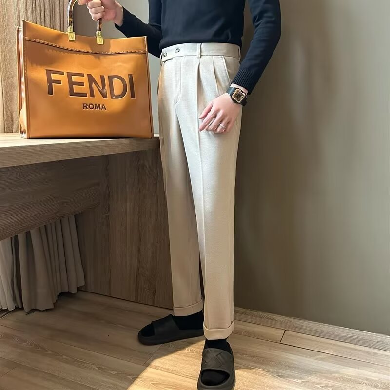 Herrbyxor Hög Midja Ullblandning Skräddarsydd Passform Plisserad Framsida Cuffad Nederkant 4