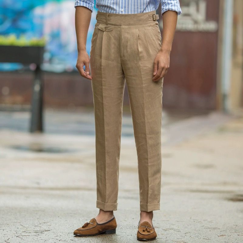 Herrbyxor Slim Fit Hög Midja Linne Plisserad Framsida 1