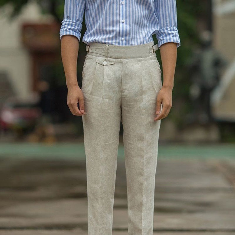 Herrbyxor Slim Fit Hög Midja Linne Plisserad Framsida 3