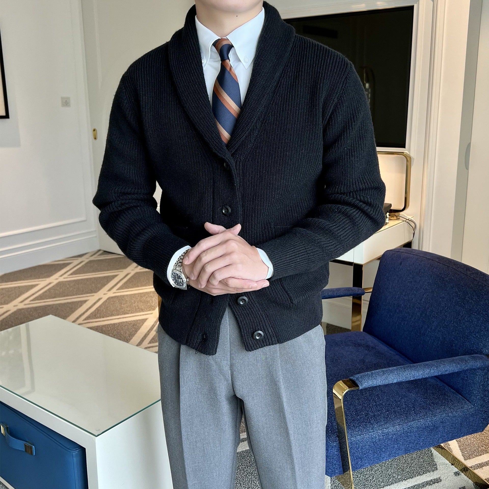 Herrens Cardigan Sjalkrage Ribbad Stickning 1