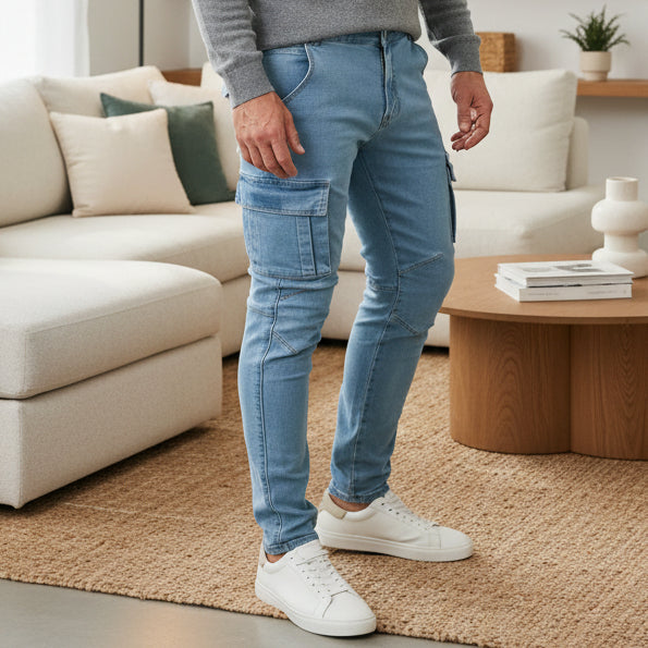 Herrens Cargojeans Slim Fit Med Flera Fickor 0