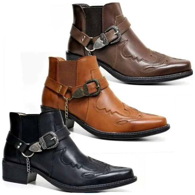 Herrens Cowboy Boots Vintage Läder Hög Top Punk Stil 0