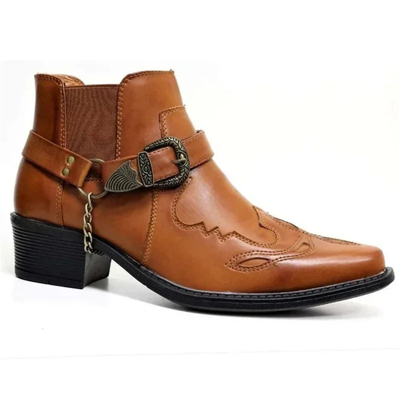 Herrens Cowboy Boots Vintage Läder Hög Top Punk Stil 1