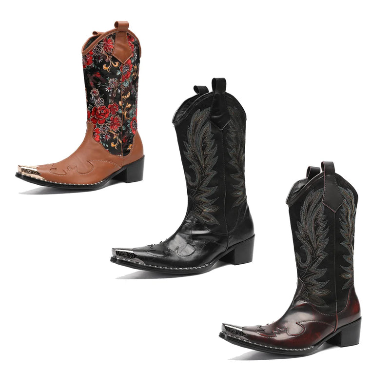 Herrens Cowboy Stövlar Broderad Läder Metalltå 0