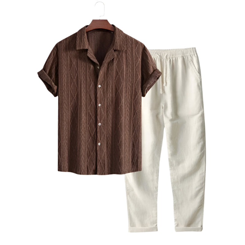 Herrens Sommarset med Knappar och Kort Ärmar i Lin 0