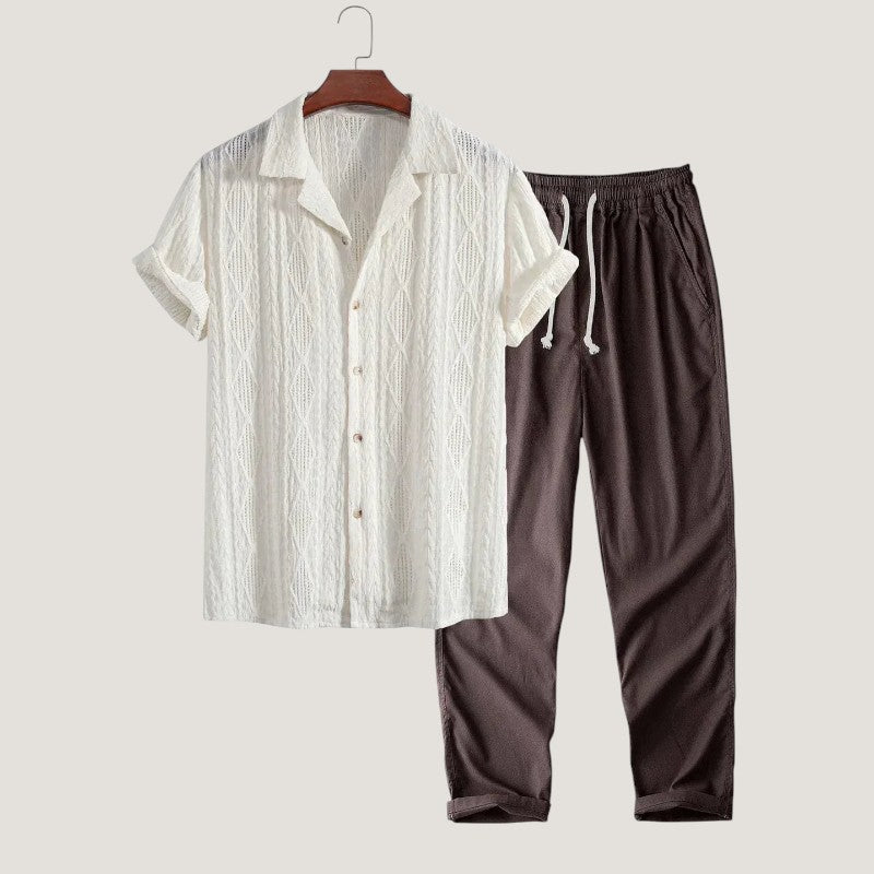 Herrens Sommarset med Knappar och Kort Ärmar i Lin 1