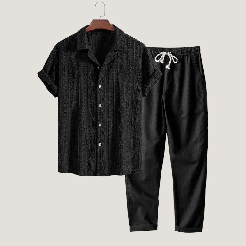 Herrens Sommarset med Knappar och Kort Ärmar i Lin 2