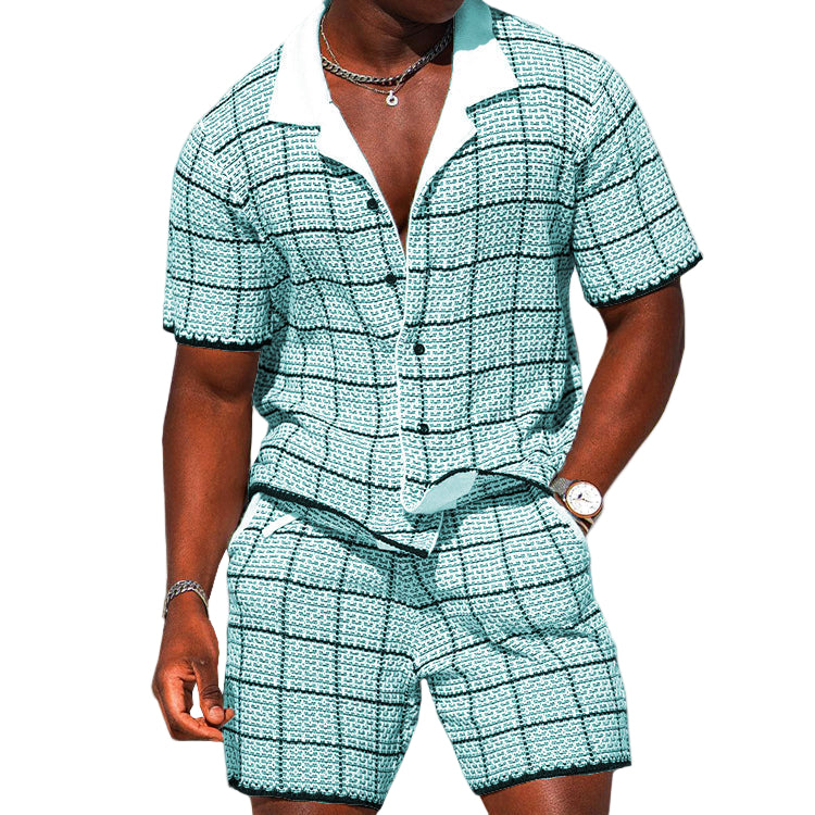 Herrens Tvådelade Set Rutig Kortärmad Skjorta och Shorts Bekväm Fiberblandning 0