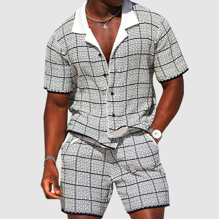 Herrens Tvådelade Set Rutig Kortärmad Skjorta och Shorts Bekväm Fiberblandning 2