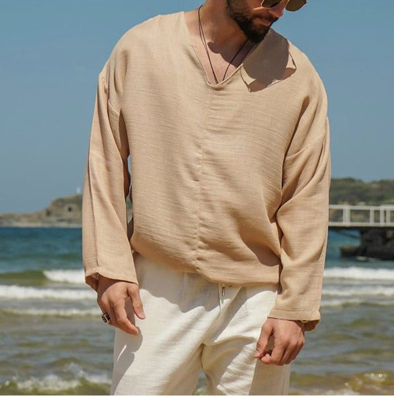 Herrlinne Skjorta Av Linne – Avslappnad Passform – V-Hals – Lång Ärmar 5