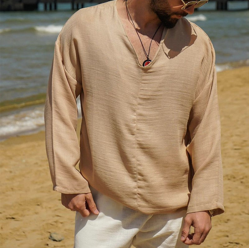 Herrlinne Skjorta Av Linne – Avslappnad Passform – V-Hals – Lång Ärmar 6