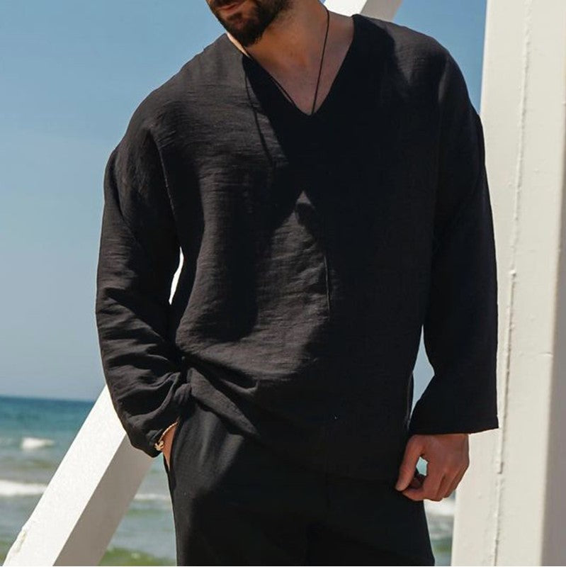 Herrlinne Skjorta Av Linne – Avslappnad Passform – V-Hals – Lång Ärmar 7