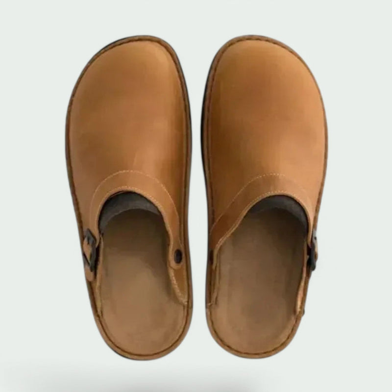 Herrsandaler i trä och textil med öppen häl 5