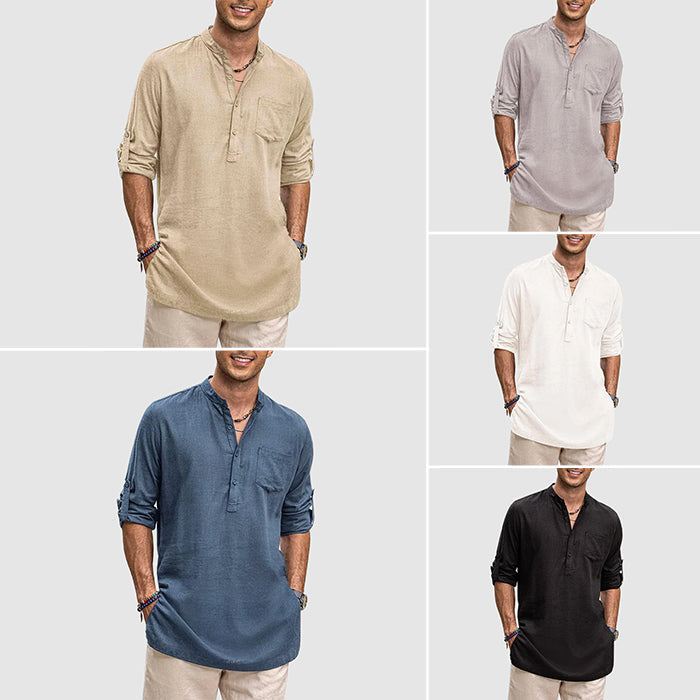 Herrskjorta Henley Långärmad Bomullsblandning med Rullärmar 7