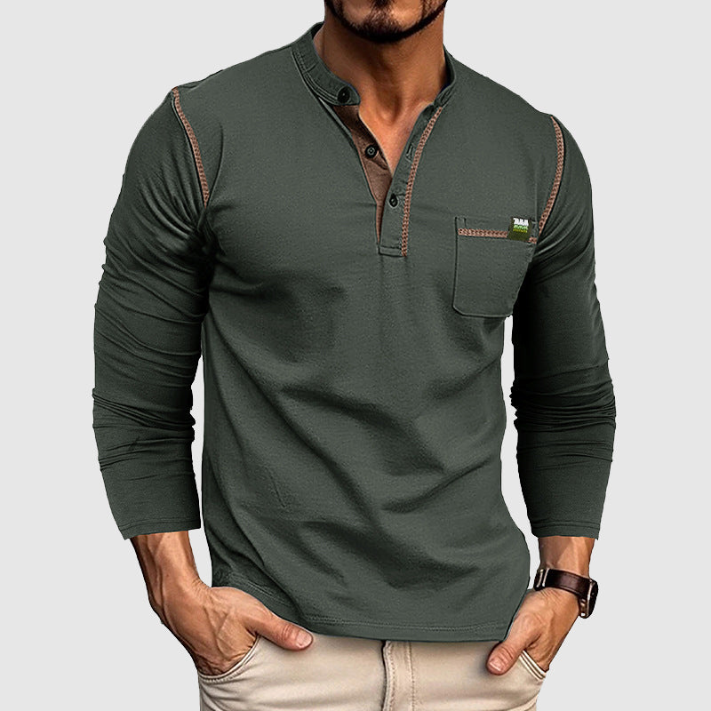 Herrskjorta Långärmad Henley Bomull Casual 3
