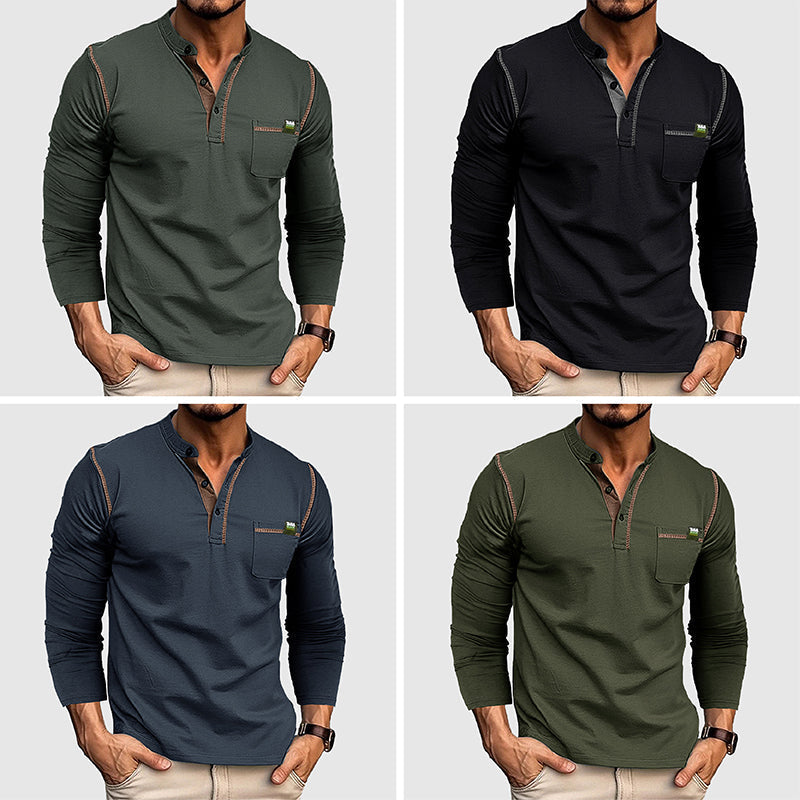 Herrskjorta Långärmad Henley Bomull Casual 4