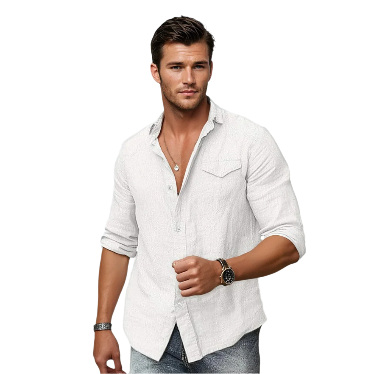 Herrskjorta i Lin och Bomull med Lång Ärmar och Ficka 0