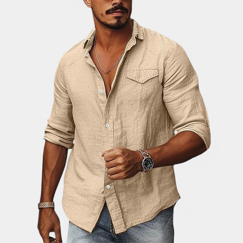 Herrskjorta i Lin och Bomull med Lång Ärmar och Ficka 2