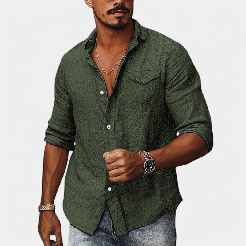 Herrskjorta i Lin och Bomull med Lång Ärmar och Ficka 3