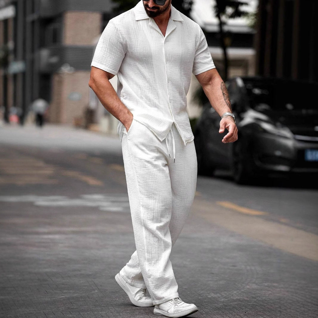 Herrskjorta och Byxor Set Avslappnad Lättviktig Bomull Kortärmad 3