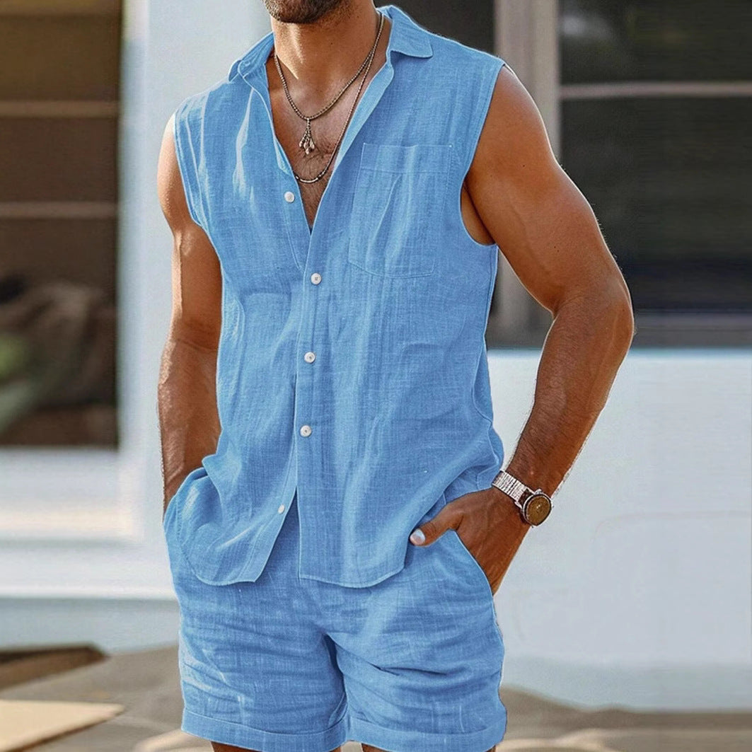 Herrskjorta och Shorts Set Avslappnad Bomull Linne 2