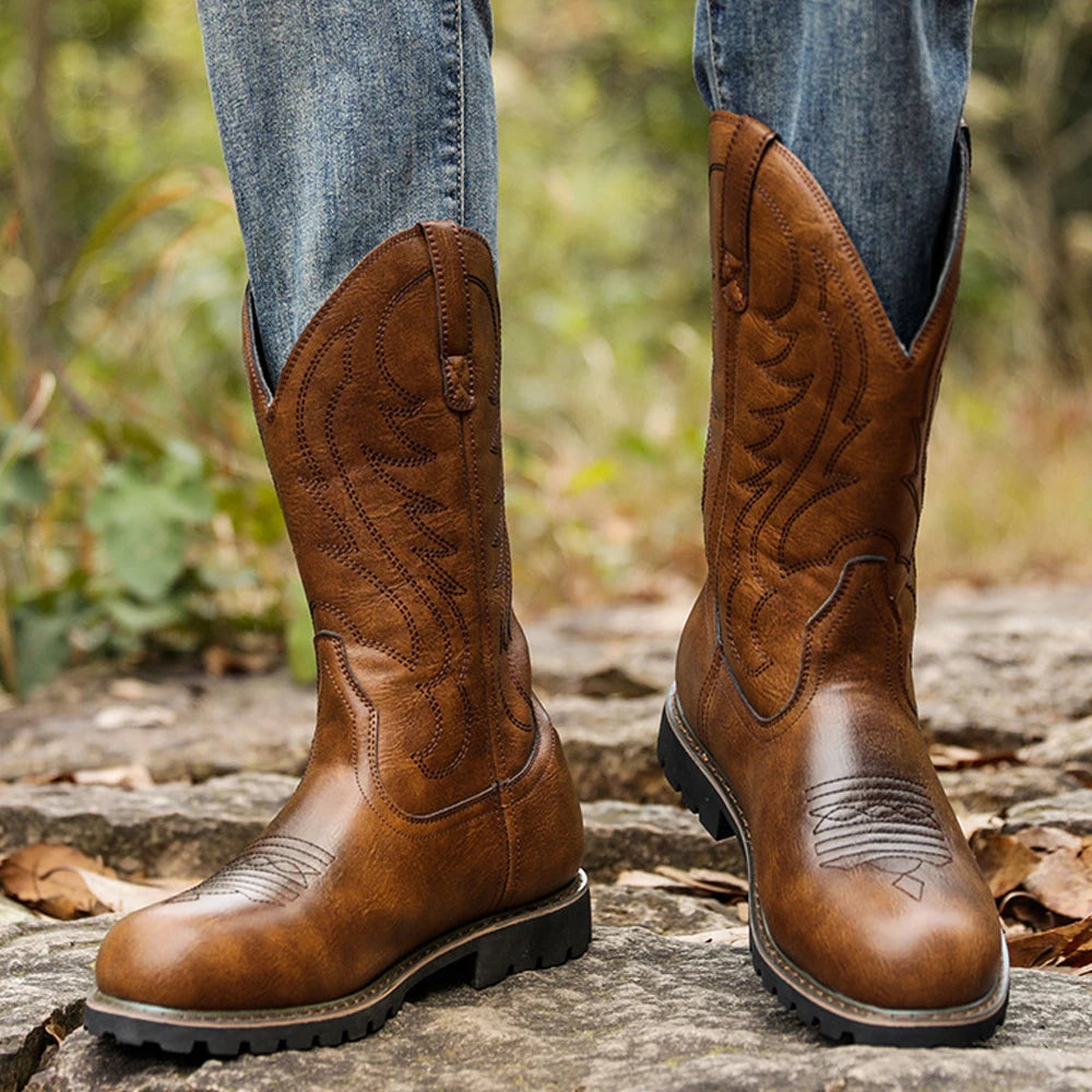 Herrskor Vinter Läder Western Boots Komfortabel Vintage Cowboy Stövlar 5