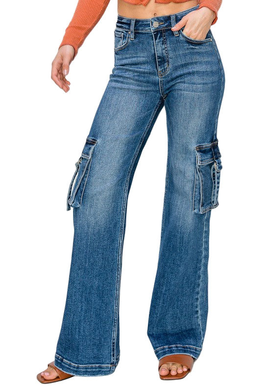 Hög midja cargo jeans med sidofickor för kvinnor 0