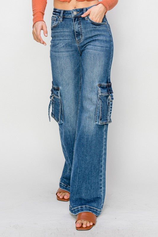 Hög midja cargo jeans med sidofickor för kvinnor 1