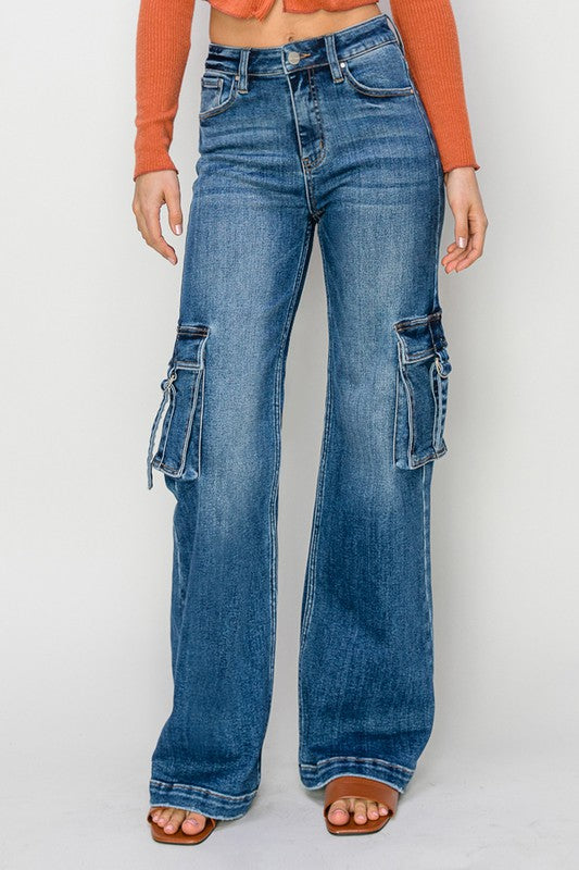 Hög midja cargo jeans med sidofickor för kvinnor 2