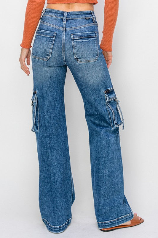 Hög midja cargo jeans med sidofickor för kvinnor 4