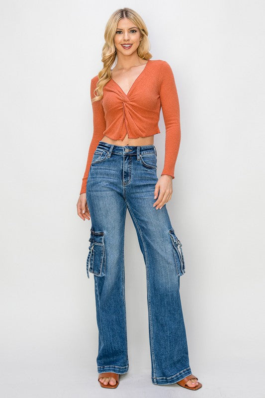 Hög midja cargo jeans med sidofickor för kvinnor 5
