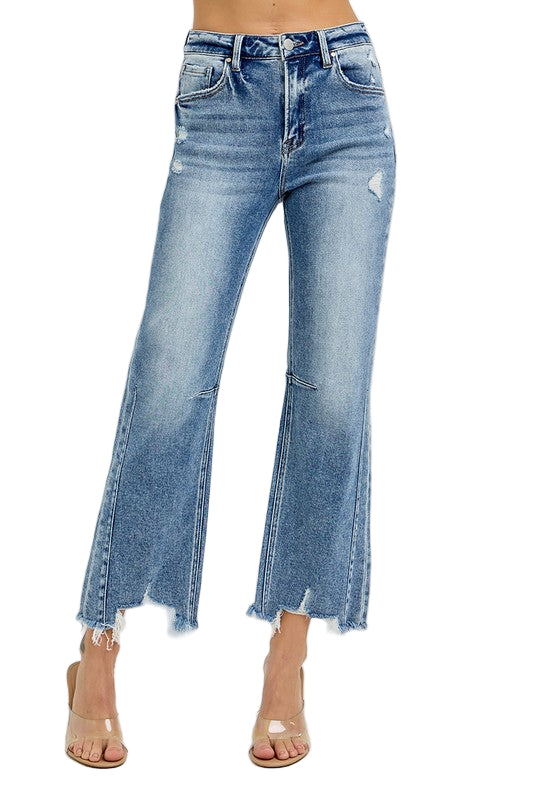 Högmidjade Crop Straight Jeans med Distressed Hem 0