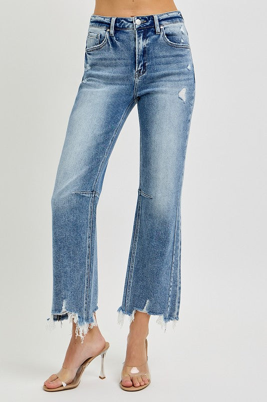 Högmidjade Crop Straight Jeans med Distressed Hem 1