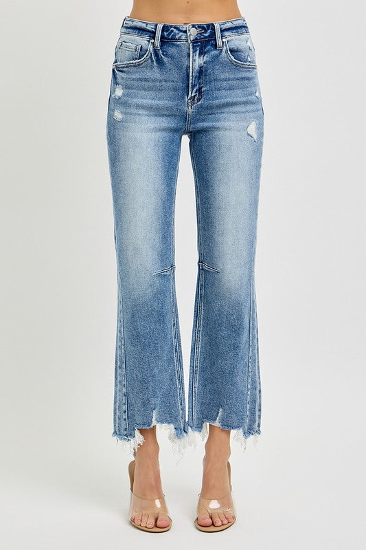 Högmidjade Crop Straight Jeans med Distressed Hem 2