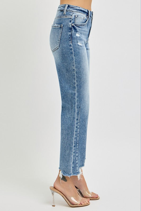 Högmidjade Crop Straight Jeans med Distressed Hem 3
