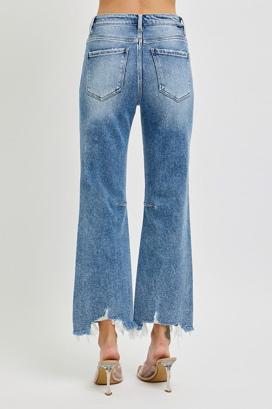 Högmidjade Crop Straight Jeans med Distressed Hem 4