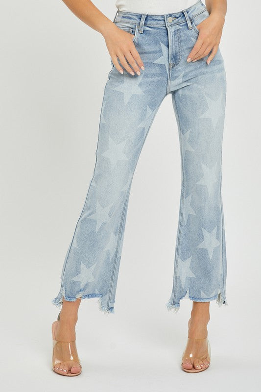 Högmidjade Raka Jeans med Stjärnmönster i Ljus Denim 1
