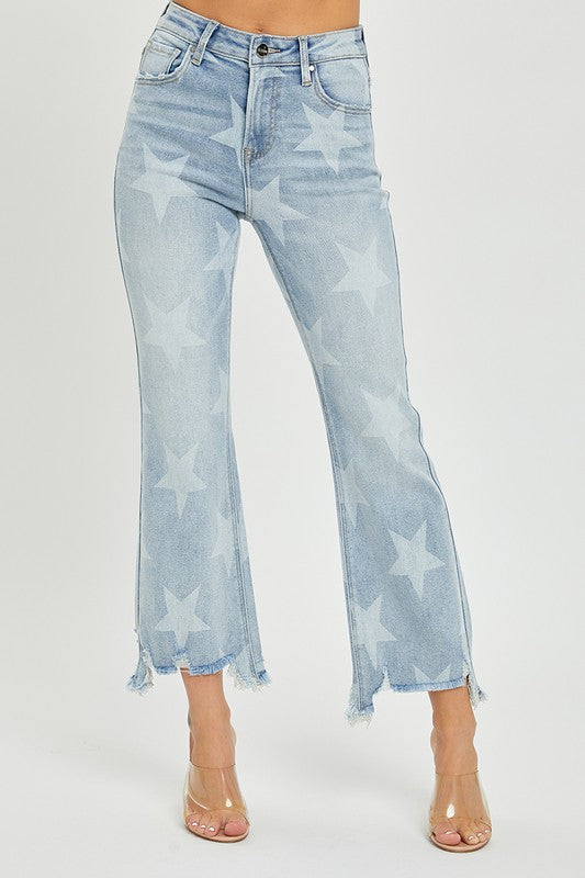 Högmidjade Raka Jeans med Stjärnmönster i Ljus Denim 2