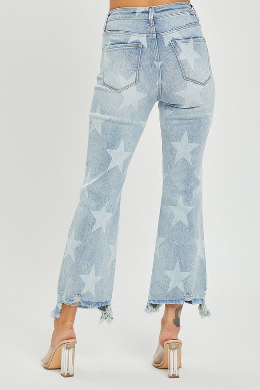 Högmidjade Raka Jeans med Stjärnmönster i Ljus Denim 4
