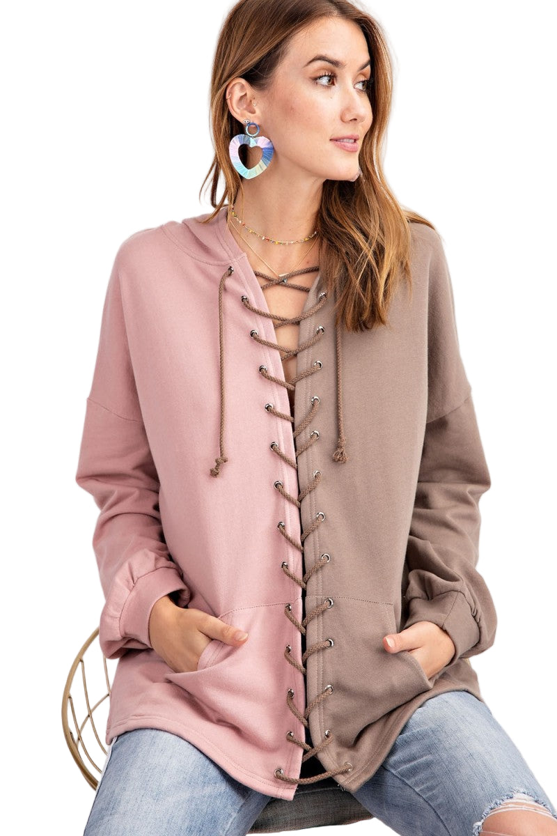 Hoodie för kvinnor med färgblock och sidofickor i terry 0