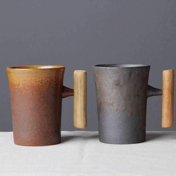 Keramisk Kaffemugg med Trähandtag i Japansk Stil 2