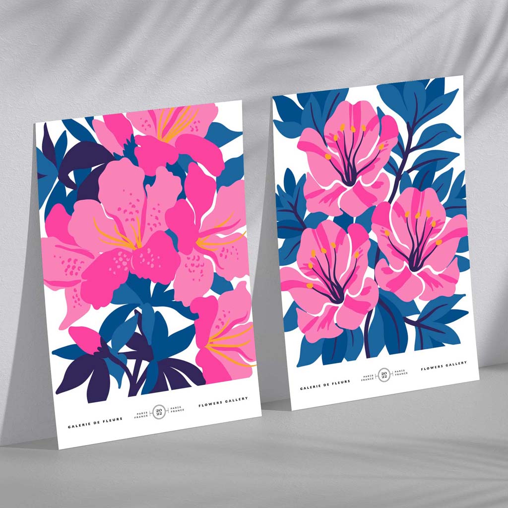 Konsttryck Set med Blommor i Ljusblå och Rosa 2