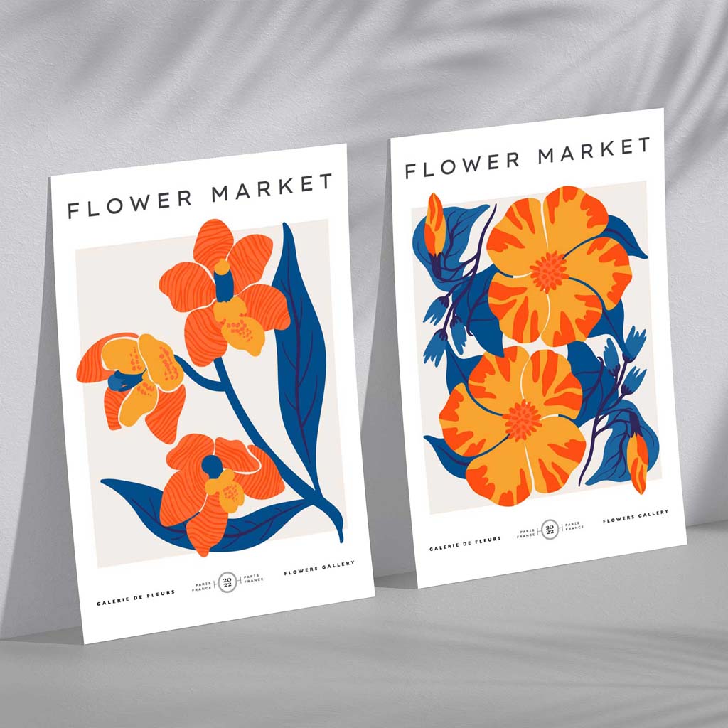 Konsttryck Set med Vårblommor i Orange och Blå 2