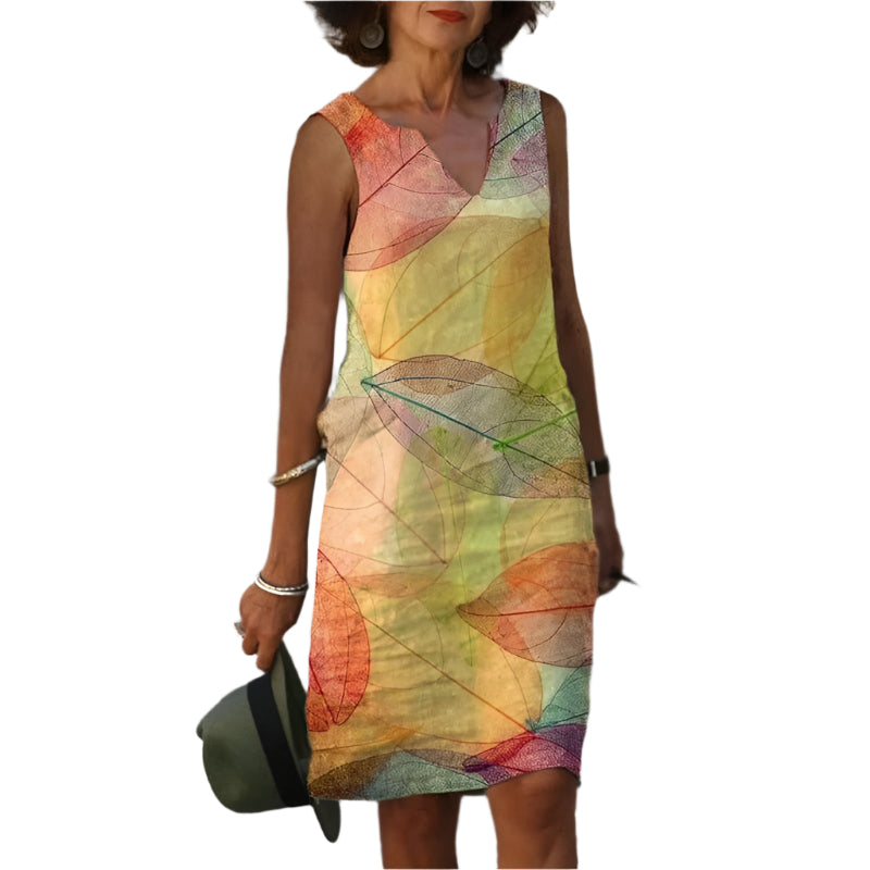 Kvinna Klänning Ärmlös Höststil Med Bladtryck 0