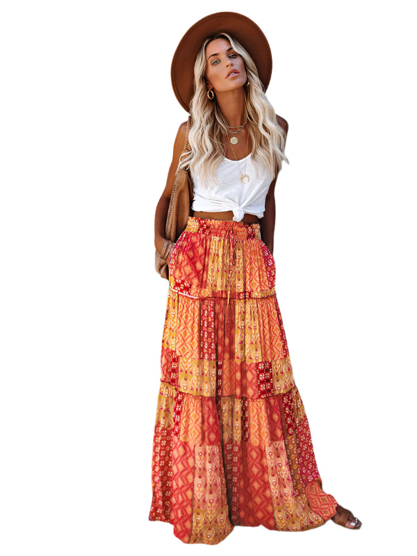 Kvinna Maxi Kjol Bohemisk Hög Midja Lätt Polyester 0