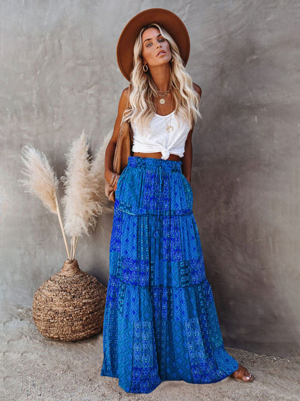 Kvinna Maxi Kjol Bohemisk Hög Midja Lätt Polyester 4