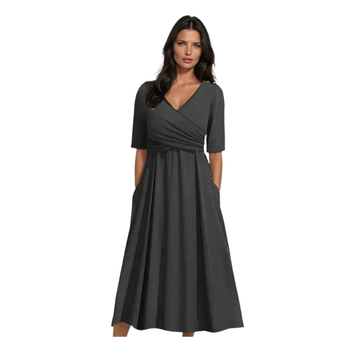 Kvinna V-ringad Kortärmad Klänning med Korsknytt 0