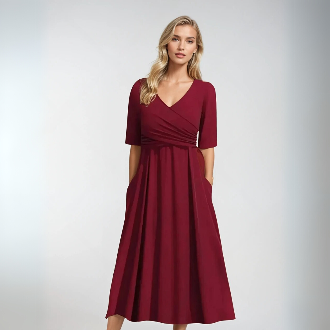 Kvinna V-ringad Kortärmad Klänning med Korsknytt 1