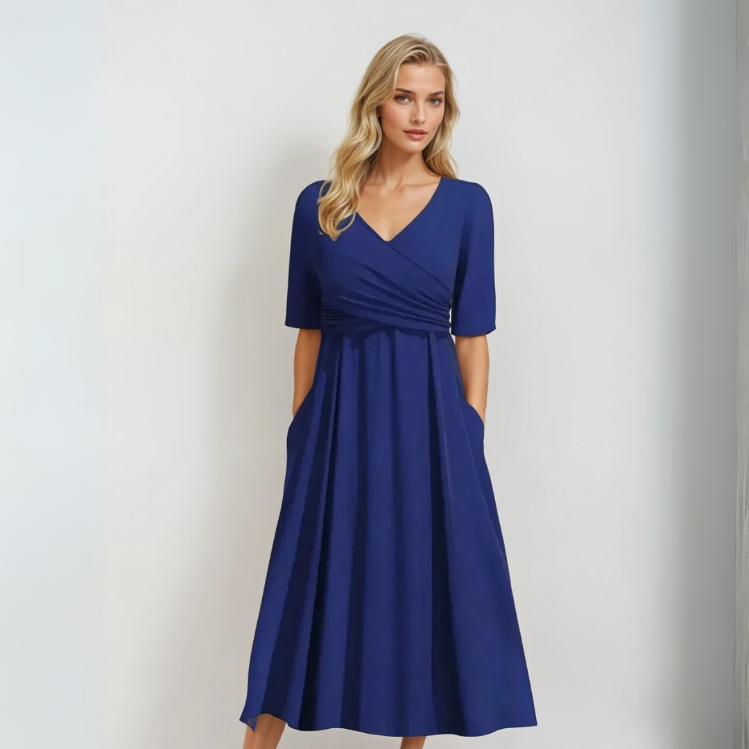 Kvinna V-ringad Kortärmad Klänning med Korsknytt 3